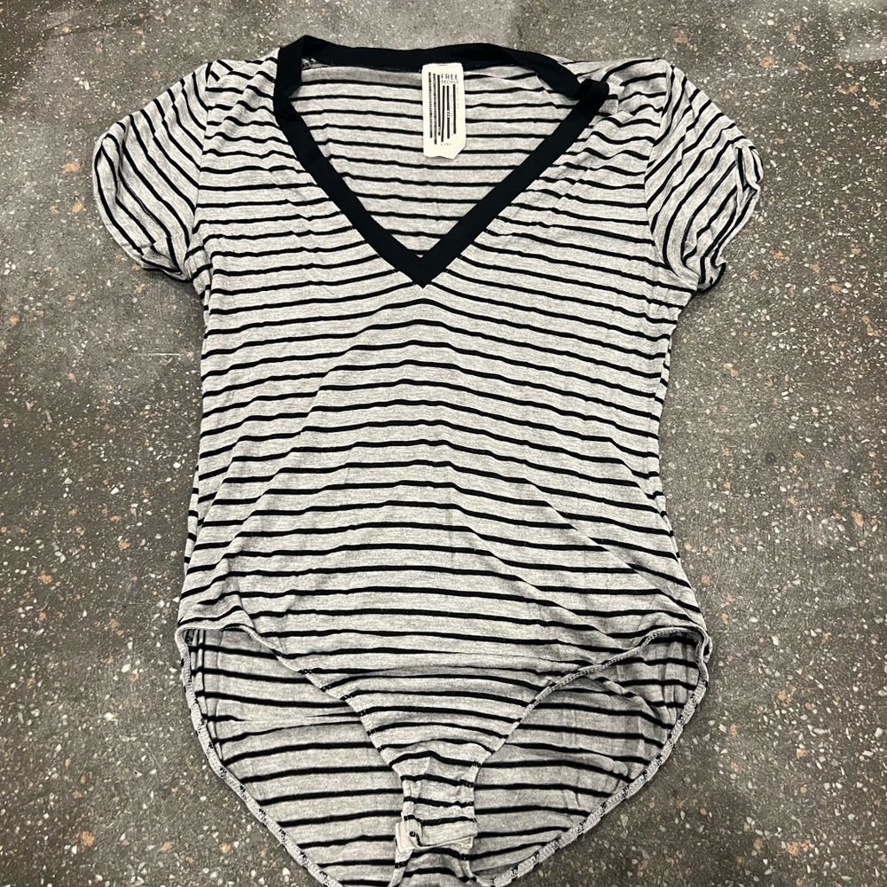Free People Black and Gray Striped Bodysuit